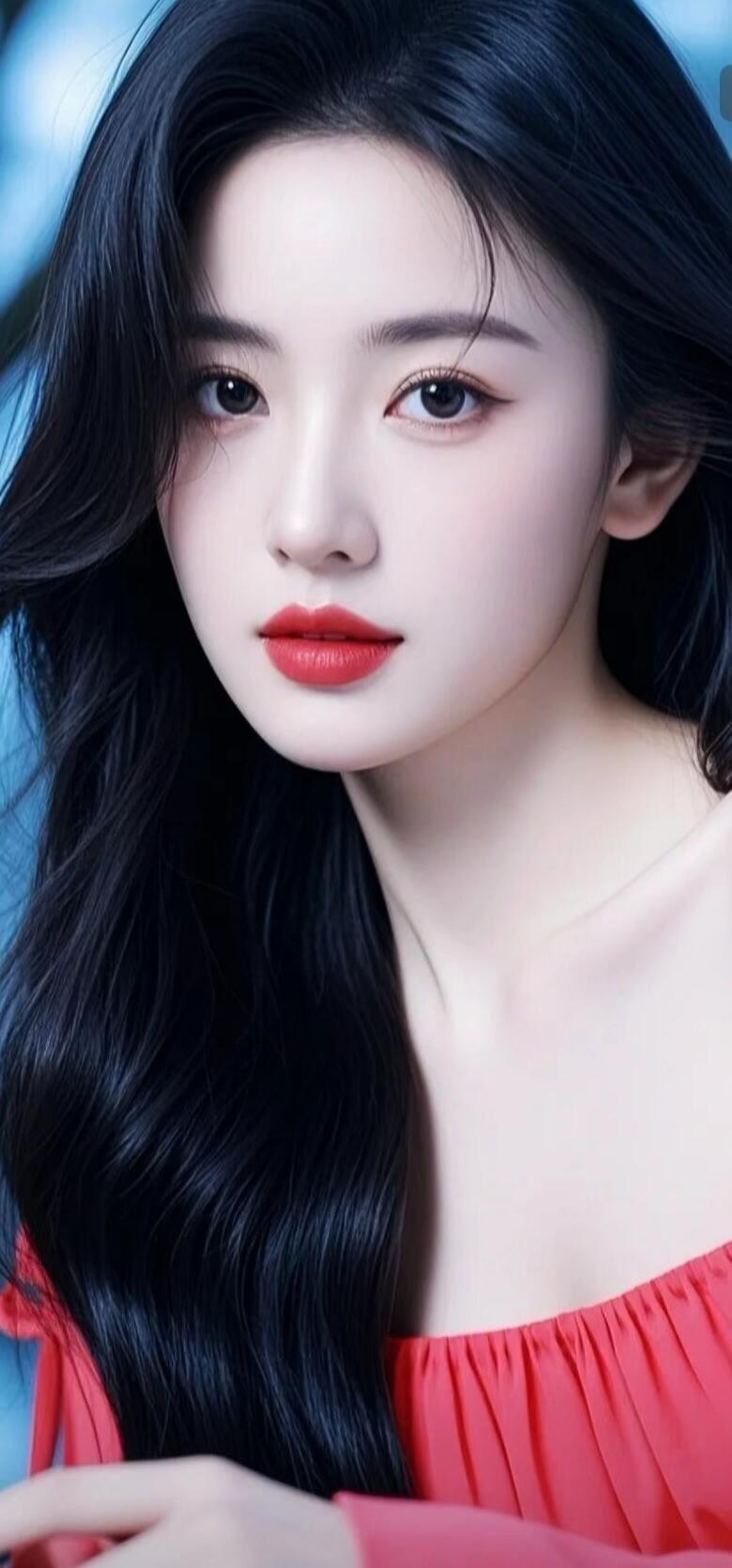 惊艳的复古红唇，黑发如瀑，优雅迷人。