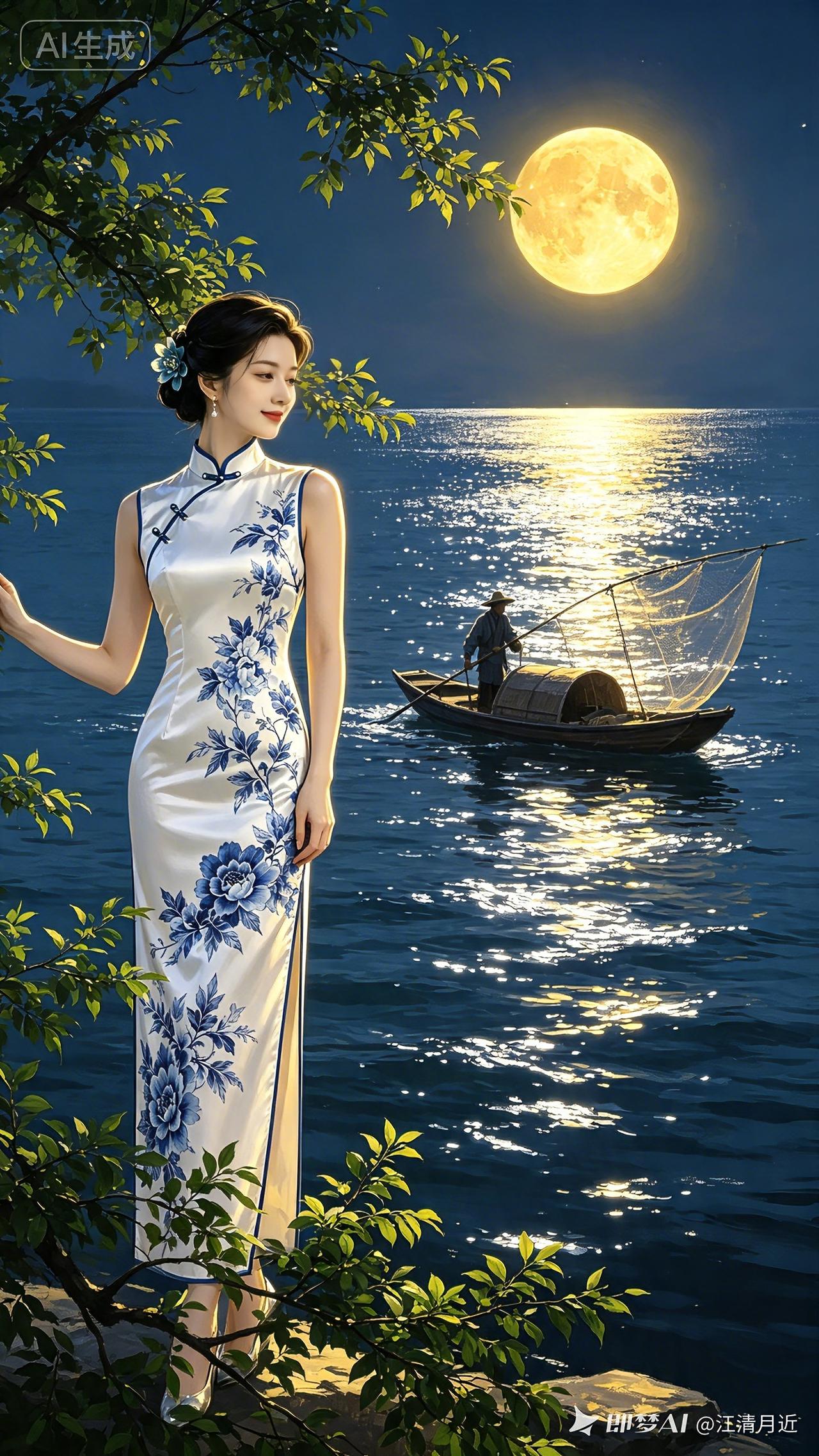 月夜青花旗袍一树幽荫覆石矶，青花旗袍映月晖。素衣浅染蓝芍药，云鬓轻簪翠玉薇。