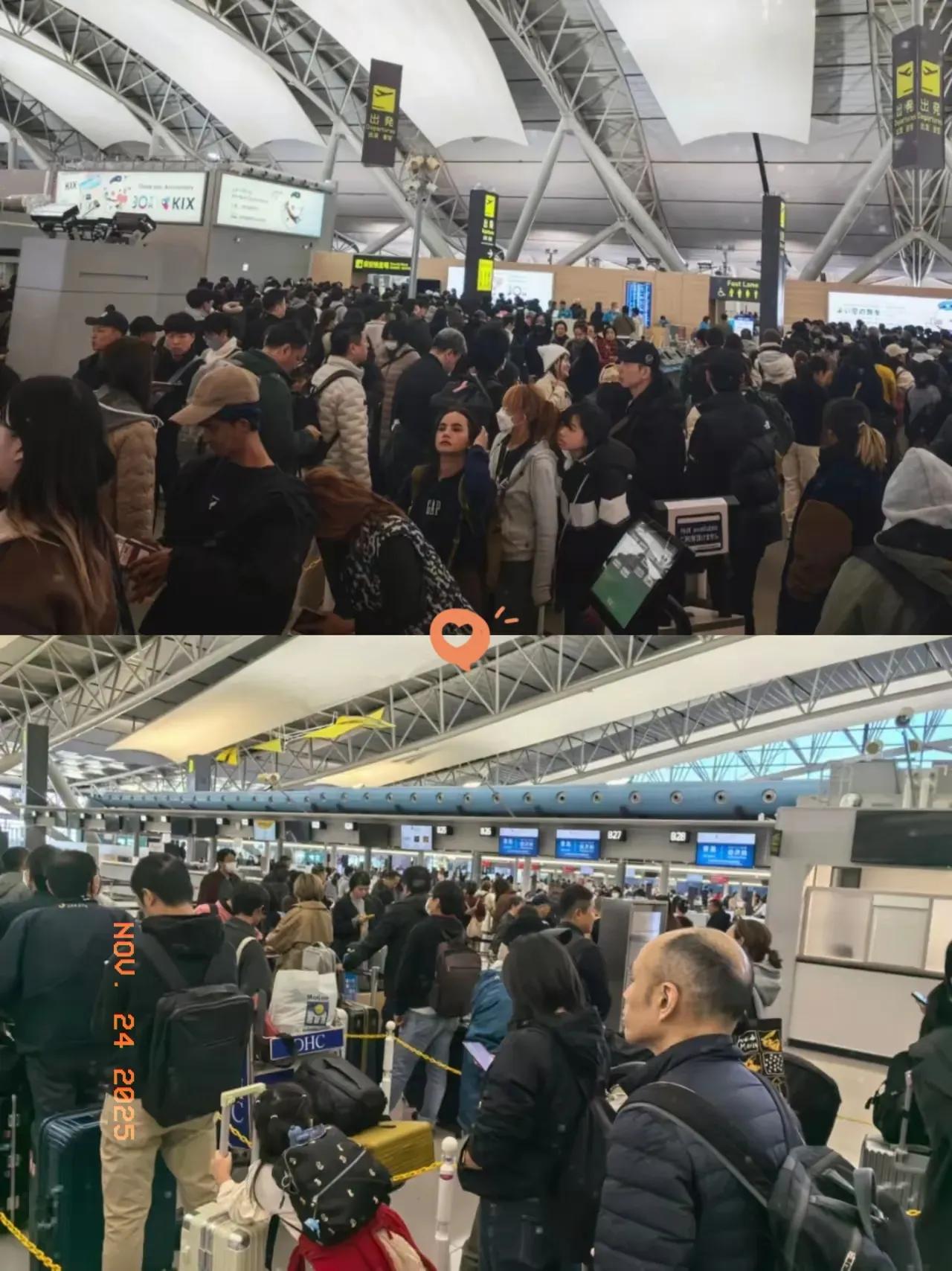 此前无视国家安全提醒、执意赴日的游客，如今正面临返程困境：关西机场人流爆棚，改签