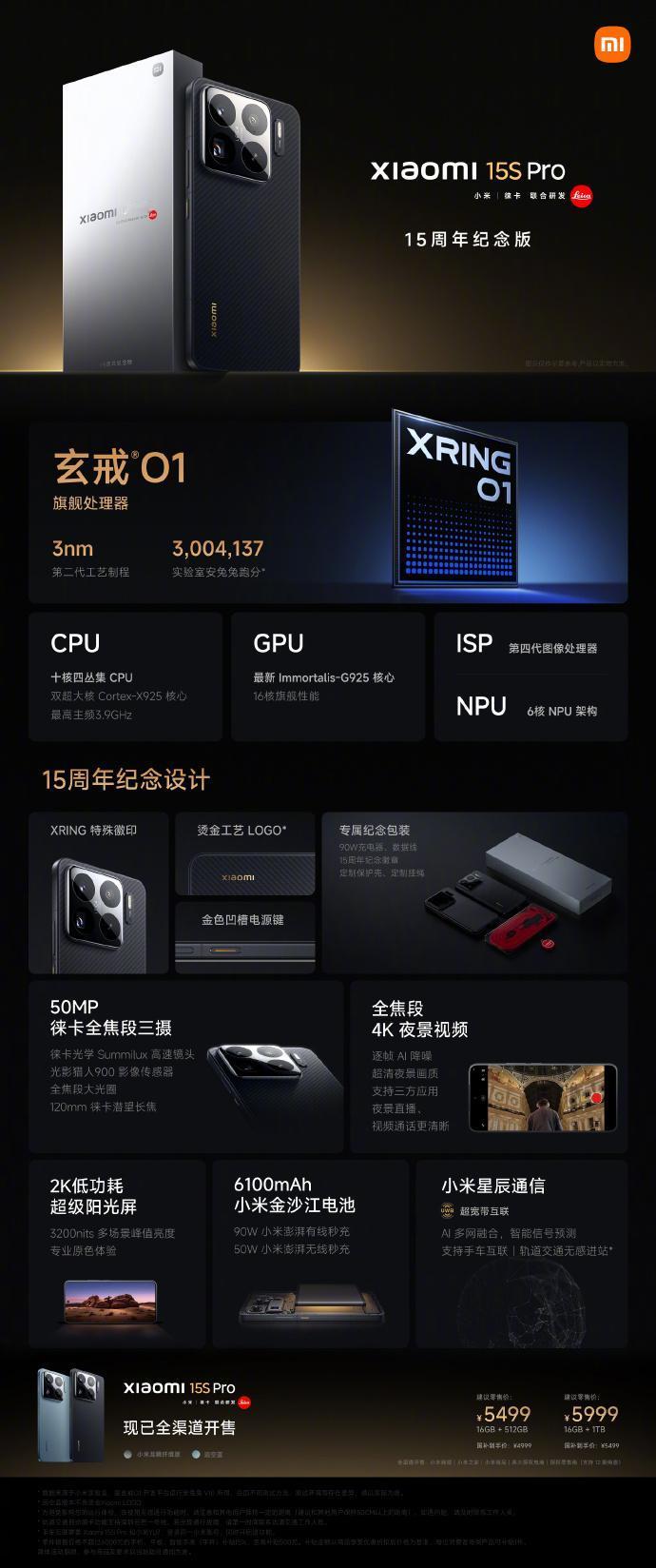 小米15SPro正式上市，搭载小米自研玄戒O1旗舰处理器，15周年纪念版，具体