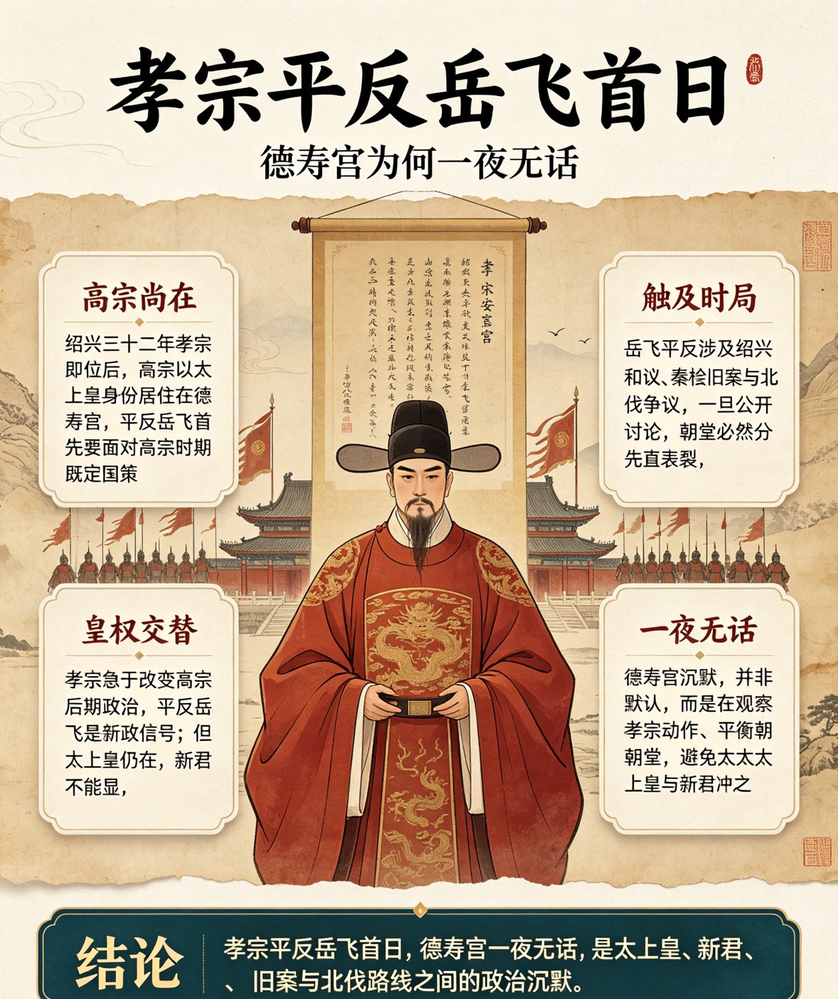 孝宗平反岳飞首日，德寿宫为何一夜无话绍兴三十二年七月，临安新帝下诏追复岳飞原官、以礼改葬、寻访后人录
