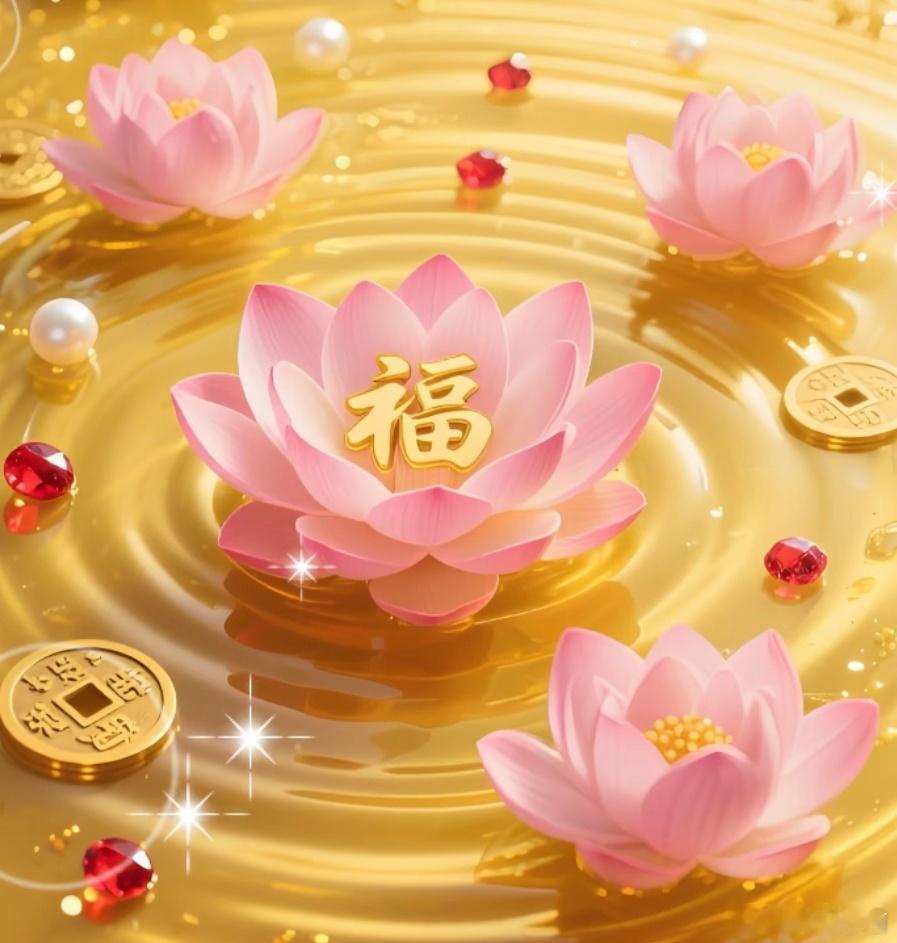 粉色的莲花上面承载着福，是不是满满的富贵感呢？点赞沾福气。下一站：福气满满。​