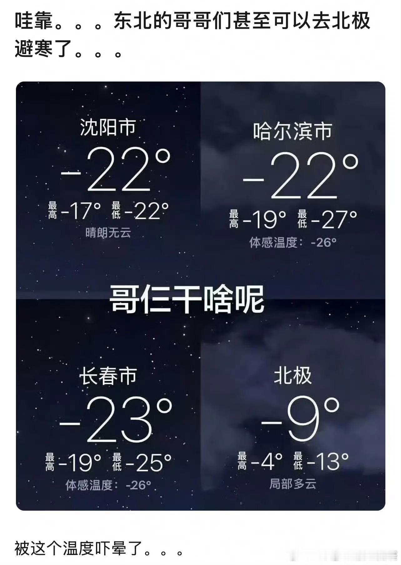 我甚至觉得零下22度不冷……穿好羽绒服就行，等到零下30多再说冷吧