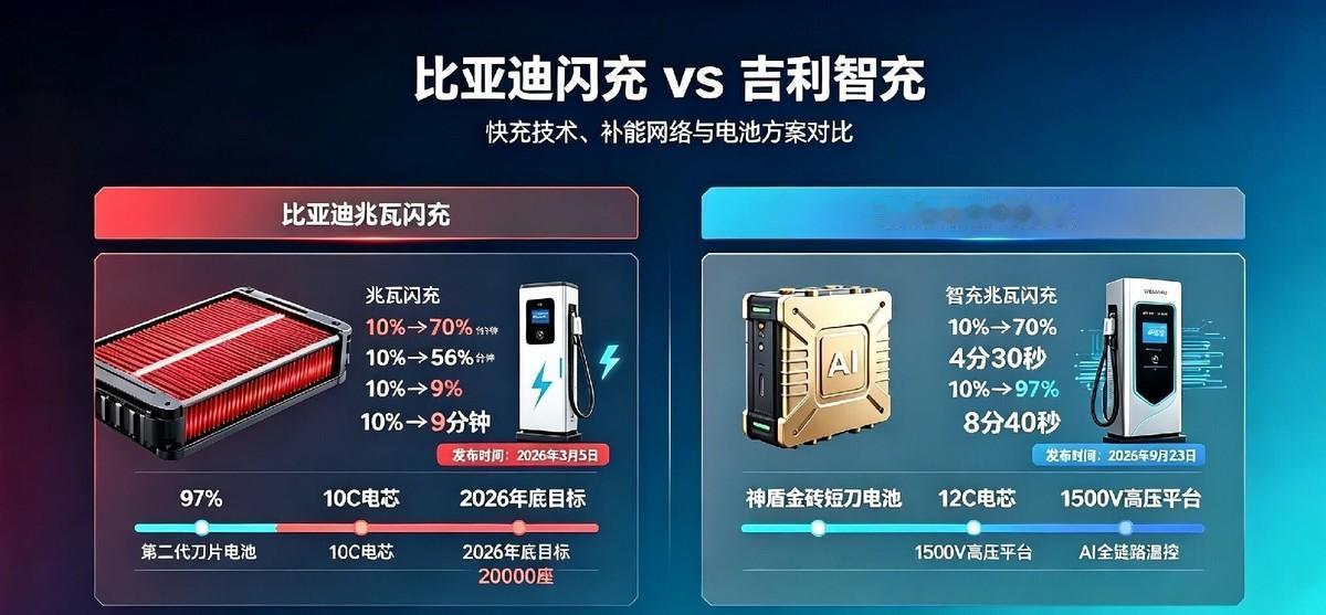 比亚迪闪充站已经建成超过一万座，覆盖三百多个城市。吉利这边参数确实猛，单枪功率干