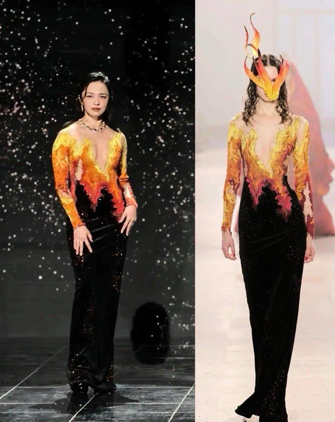 姚晨的火焰礼服真的太不能遮肉了，溜肩还显手臂粗。