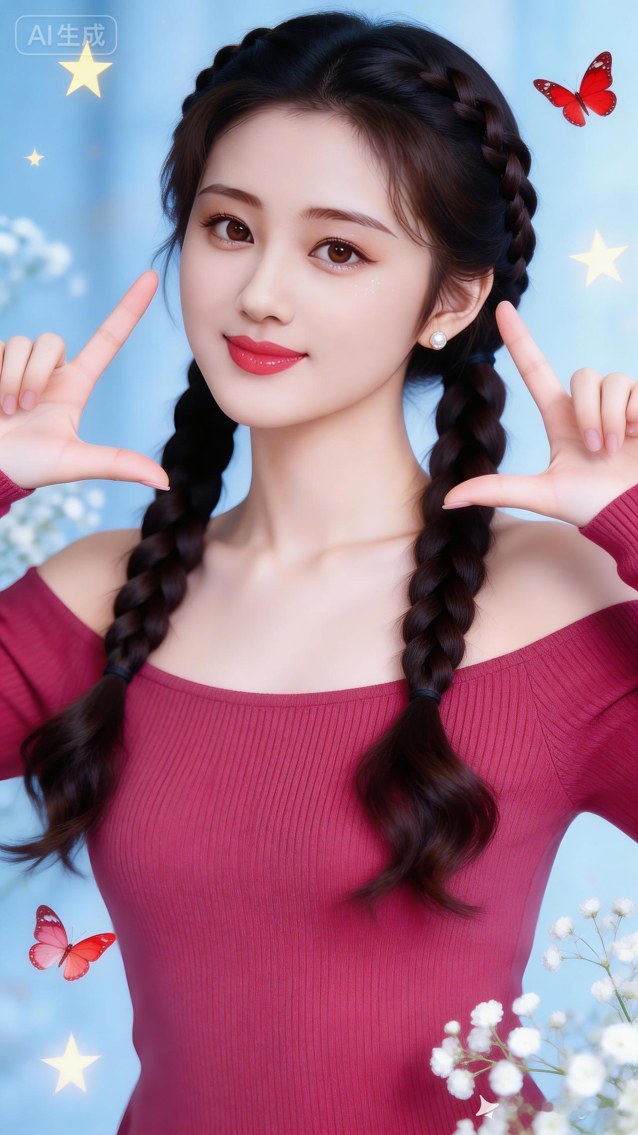 年轻东亚女性，长发微卷双编麻花辫，珍珠耳钉，深粉露肩针织衫，红唇明艳。直视镜头比