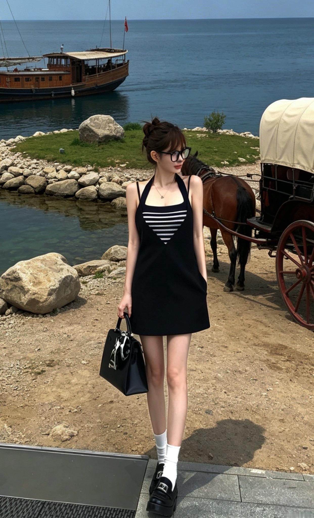 辣妹穿搭穿搭度假穿搭黑色露背吊带裙