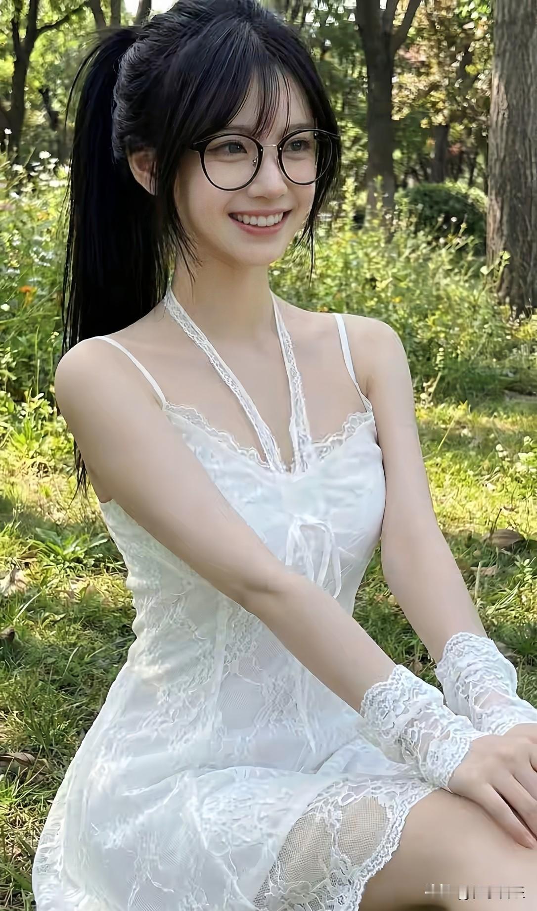 公园里，阳光下的甜美少女，白色蕾丝裙，笑靥如花。温柔白裙少女清透少女照分享一