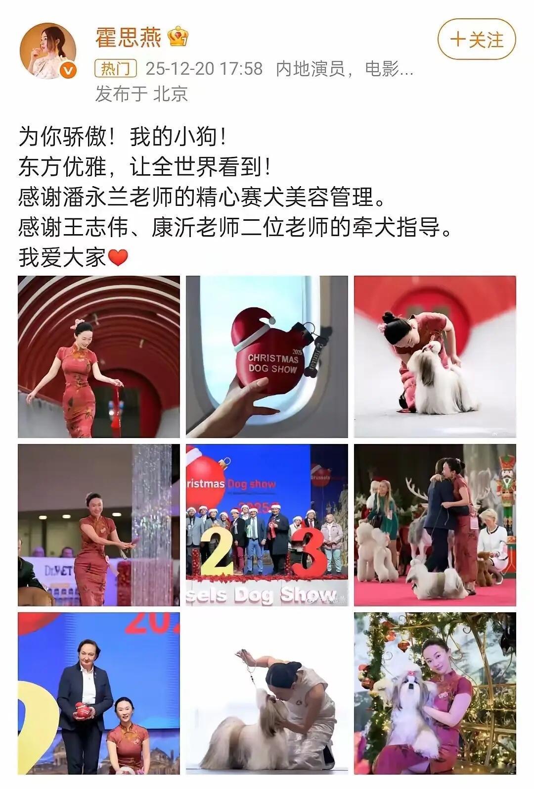 霍思燕领着她的狗去参加什么评奖，得了一个金奖回来。两口子各种高兴，发了很多漂