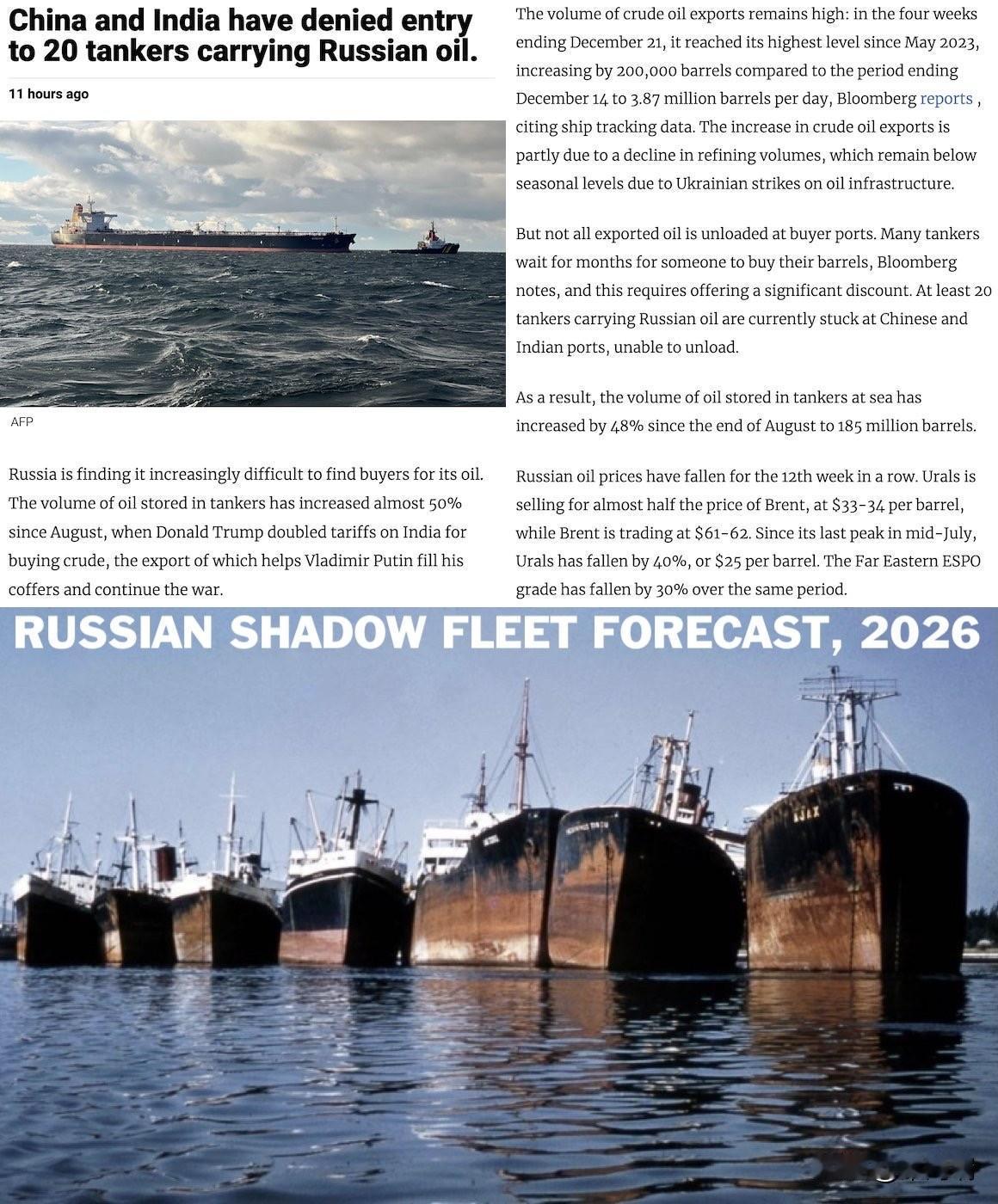 俄罗斯石油出口崩溃：中国和印度拒绝允许俄罗斯油轮卸载石油。由于制裁，至少有