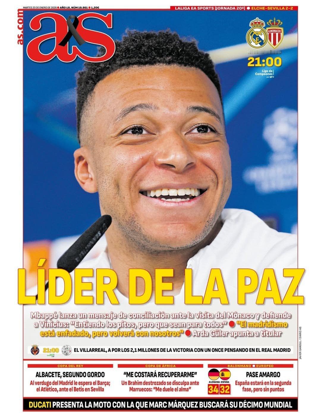 皇马《阿斯》主场迎战摩纳哥，姆巴佩调解并维护维尼修斯:我理解嘘声，但那也是给我