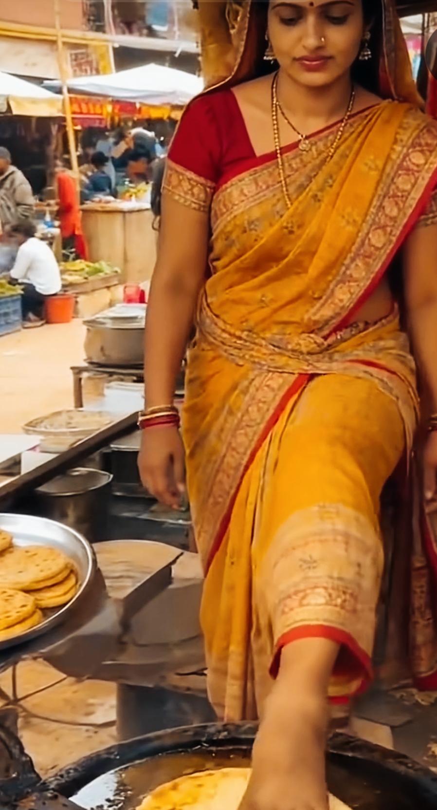 印度女子用脚烙饼，这是不是高手啊？一只脚作为支撑脚，一只脚烙饼，这样能保持平衡