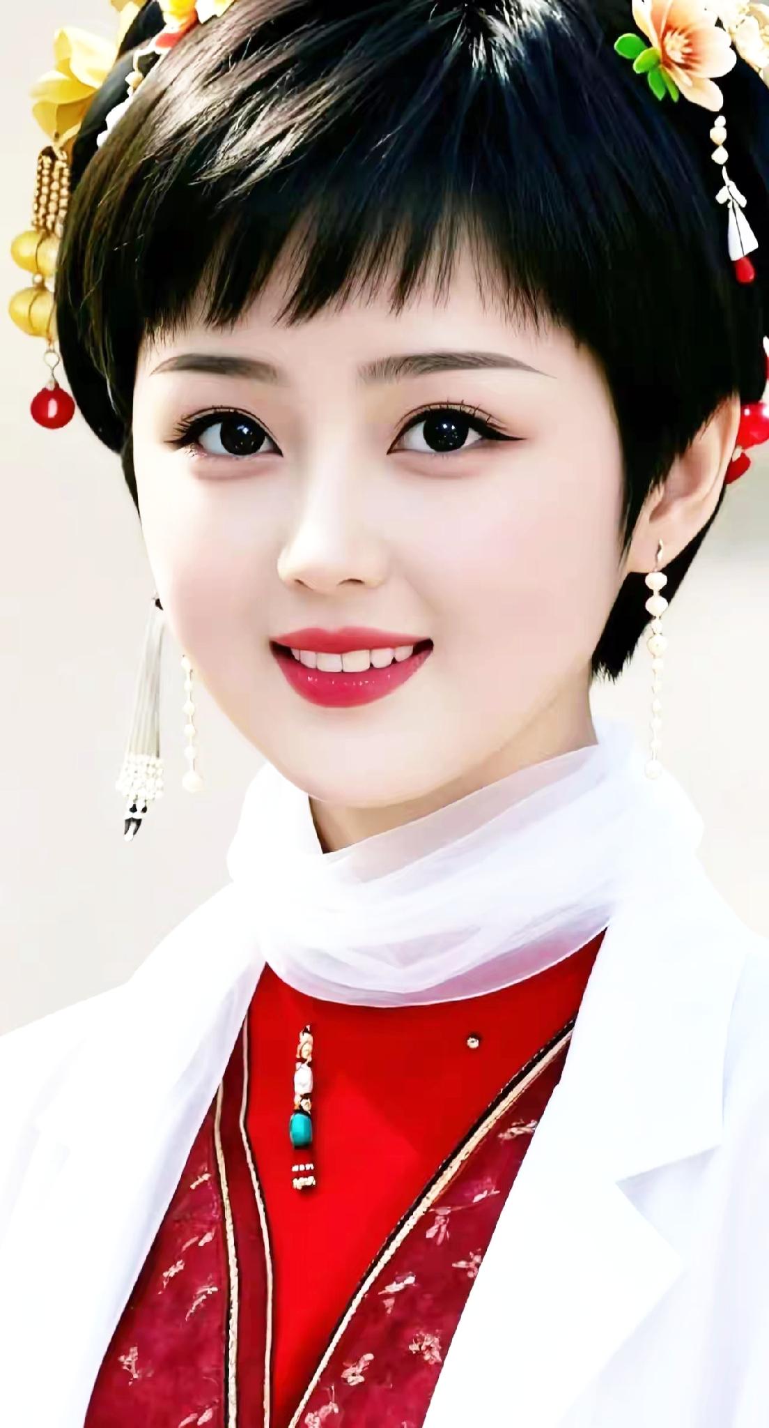 古风少女，红衣白纱，笑容甜美，花饰点缀，韵味十足！🌸💄👗