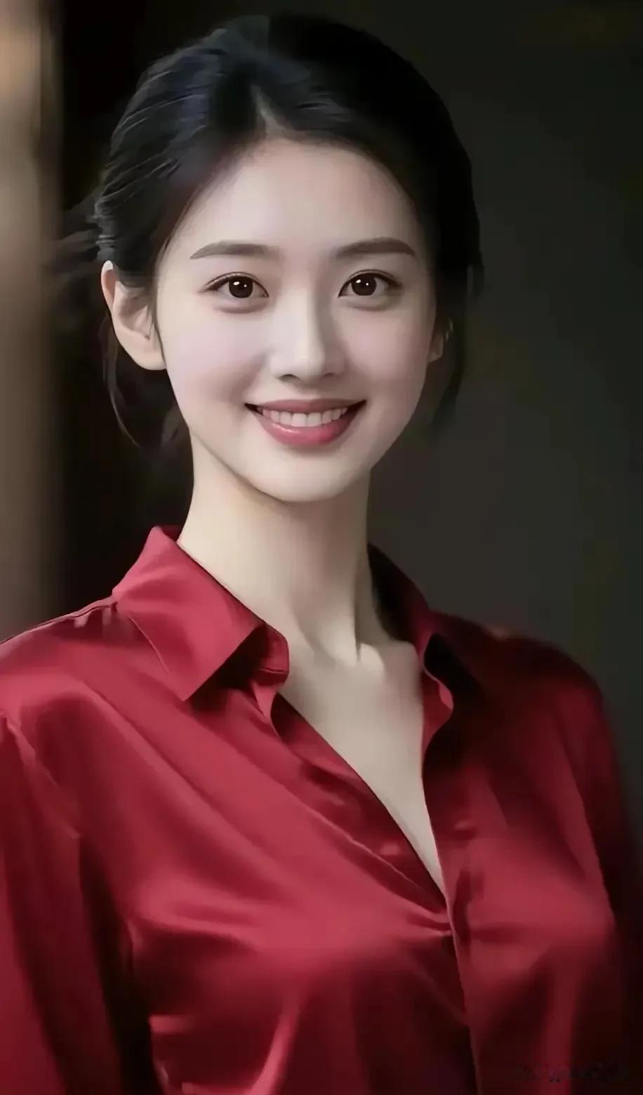 酒红缎面浸着柔润的光，领口轻敞出慵懒的明艳，笑涡里漾开的甜，裹着恰好的热烈与舒展