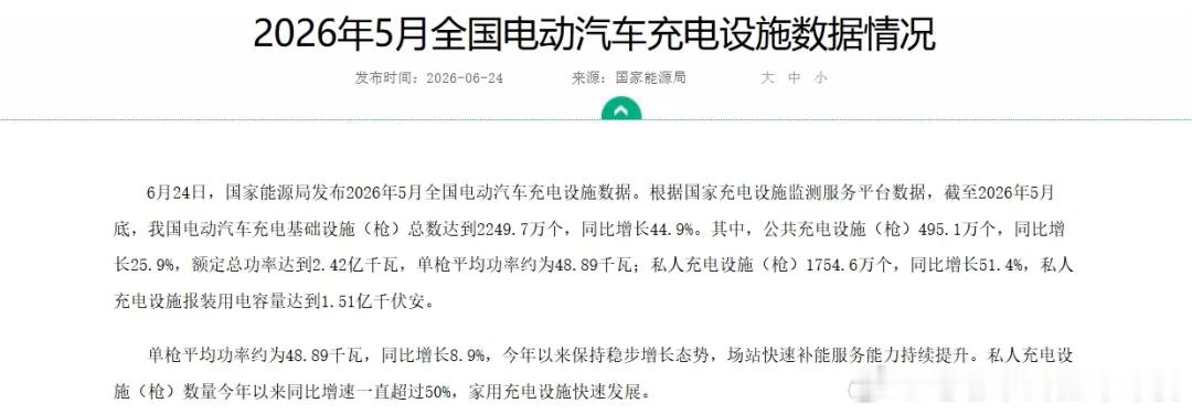 国家能源局发布2026年5月全国电动汽车充电设施数据。截至2026年5月底，我国