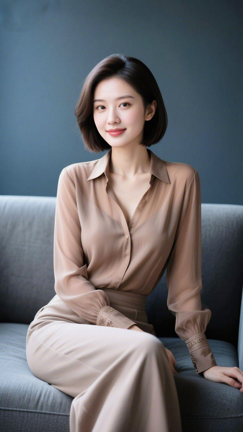 《暖棕裹满静时光》浅灰沙发衬着沉蓝背景，她身上的暖棕成了这静里的软意。衬衫