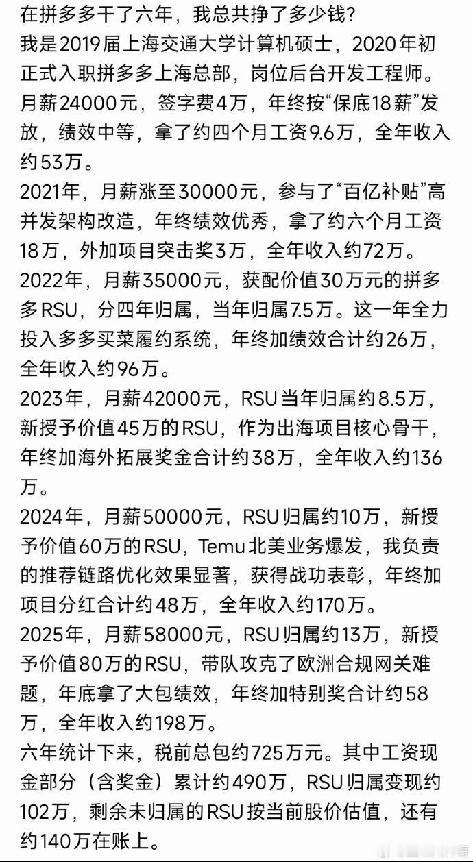 拼多多员工6年挣900万，一年顶别人十年，这钱该羡慕吗？刷到一条帖子，把我算
