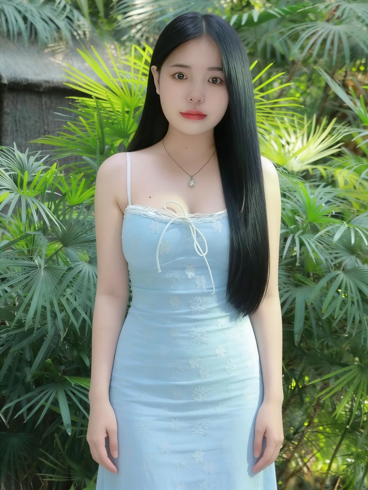 你从绿意深处走来，像一汪清泉漫过青石苔。蓝裙上的白花，是未融的雪，是春信里