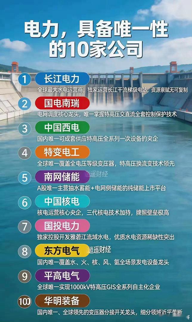 值得收藏！！具备垄断性和唯一性的十家电力股公司！1.长江电力唯一性：全球最大水