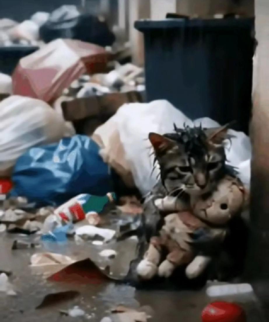 大雨中，一只流浪猫又冷又饿，在垃圾中翻找了许久也没有找到一点吃的，它把找到的一个