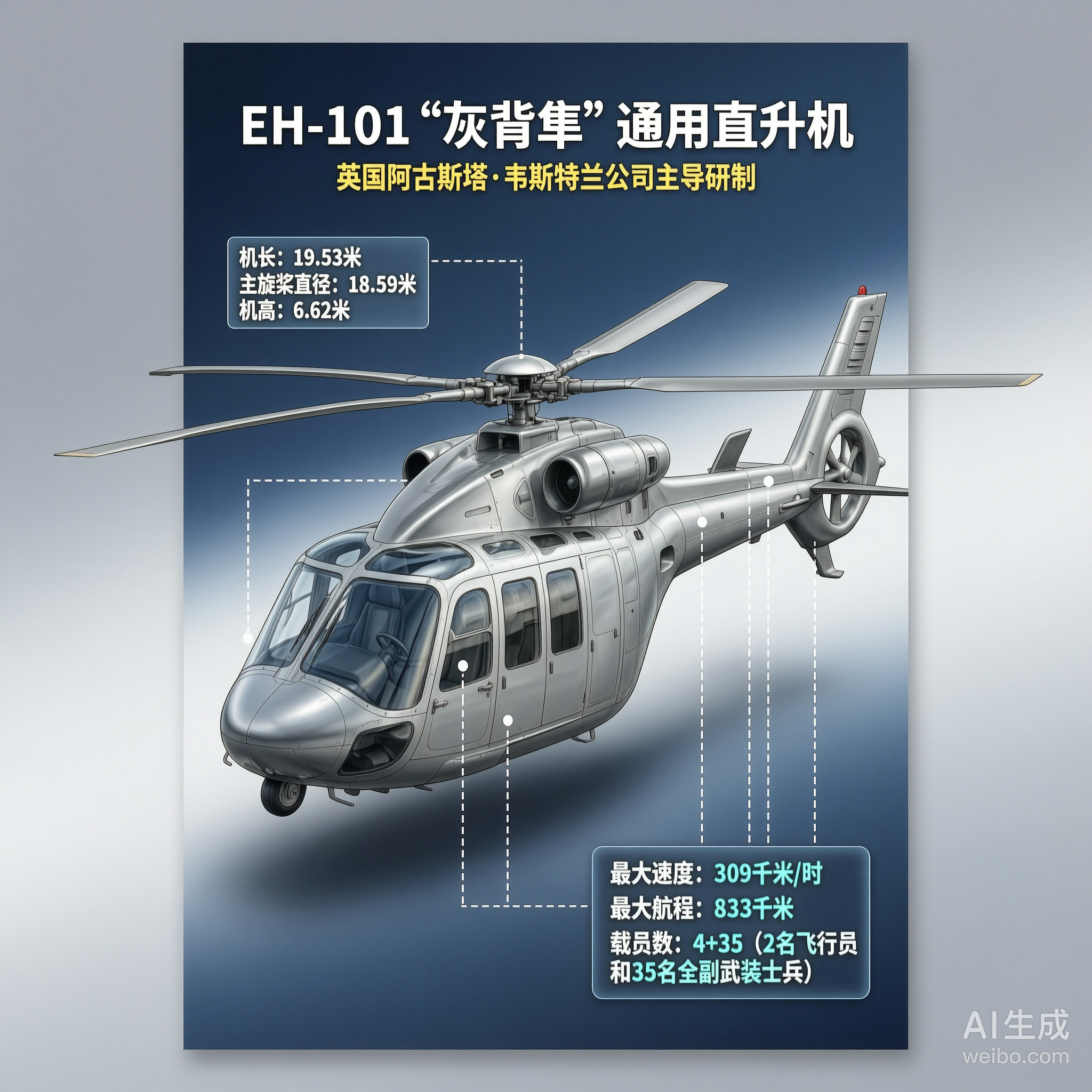 军事ai新视野EH-101“灰背隼”通用直升机［英］机长：19.53米主旋翼直