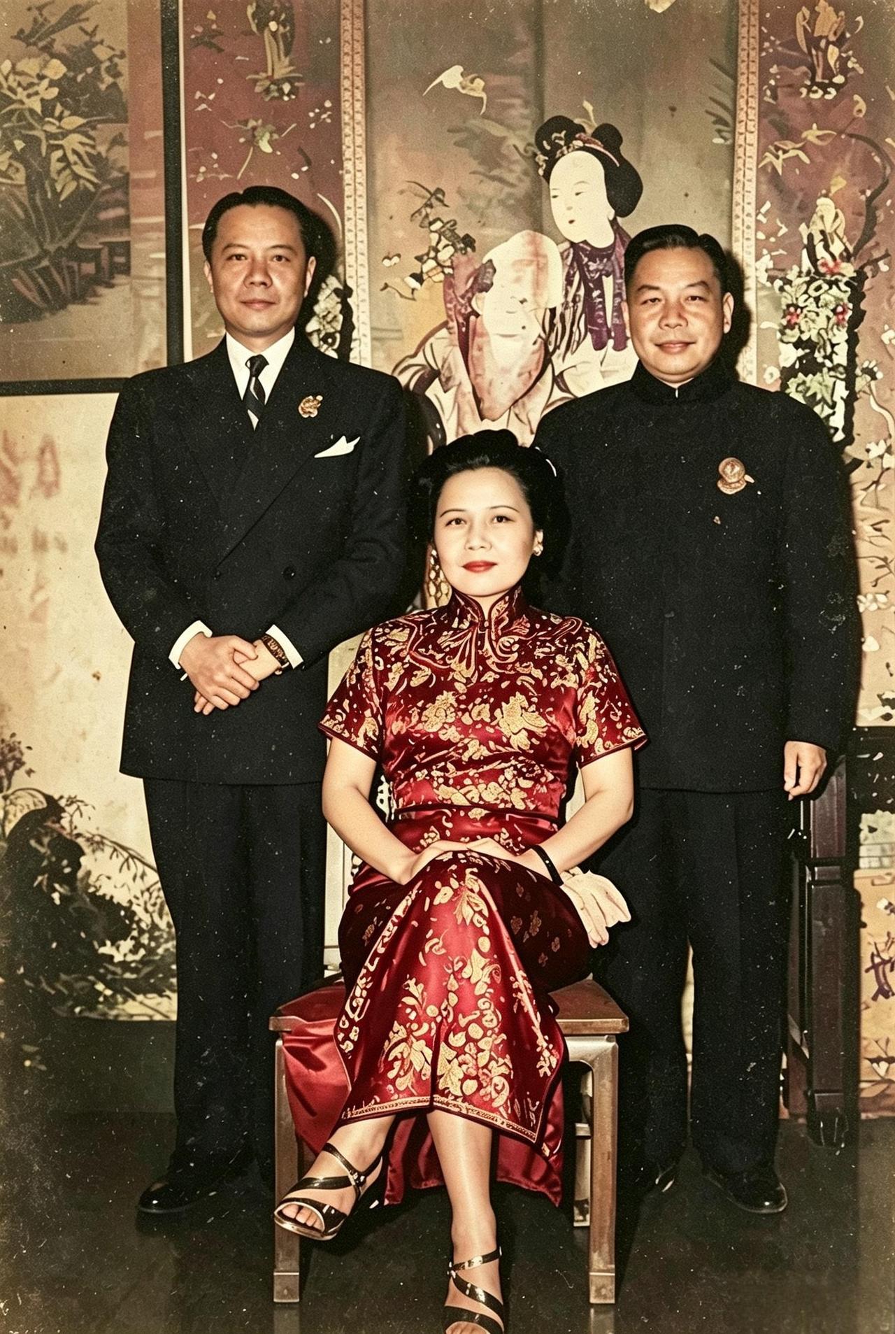 这是宋美龄与继子蒋建丰与弟弟宋子安。虽然，蒋建丰只比宋子安小四岁，但在辈分上还要