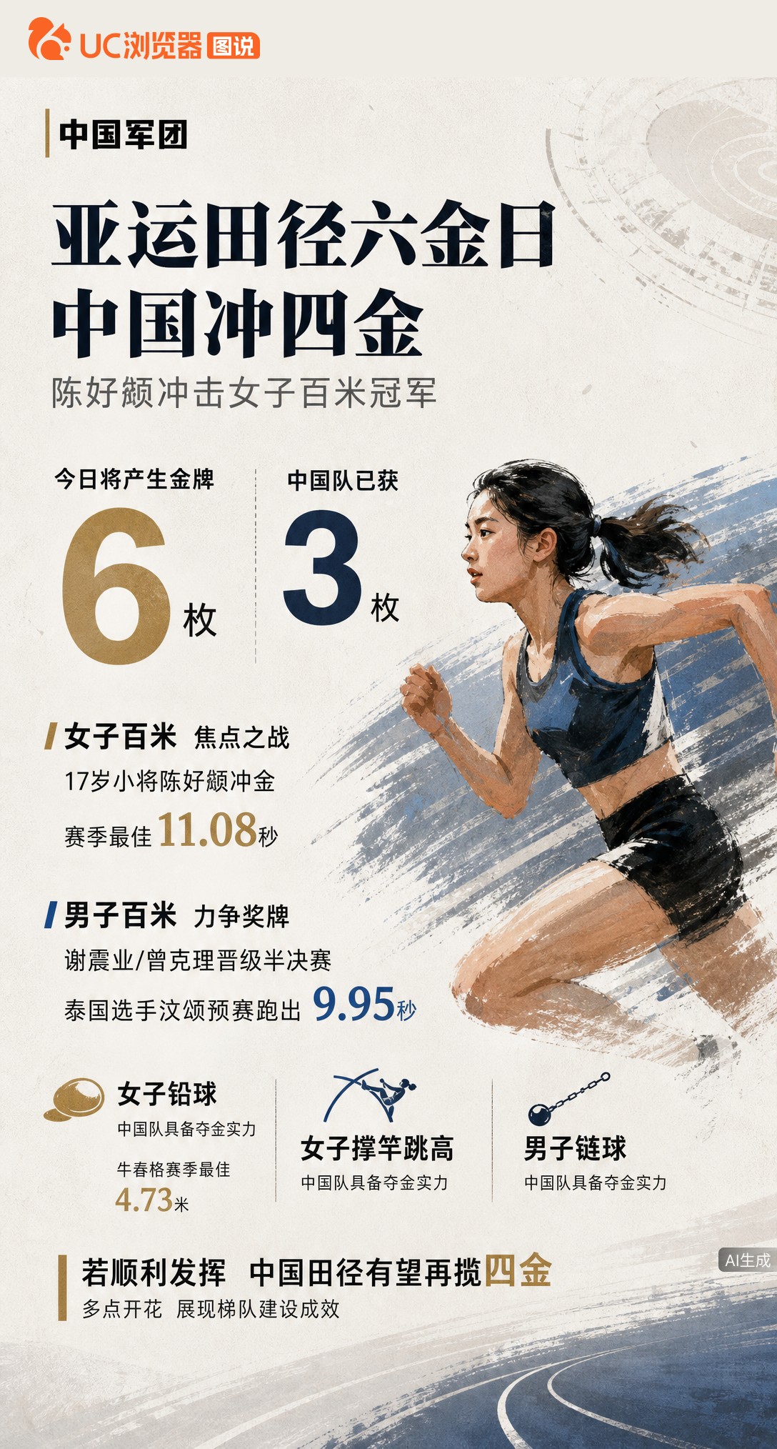 名古屋亚运田径单日6金！17岁陈妤颉冲击女子百米冠军，谢震业力争奖牌。泰国选手预赛跑出9秒95挑战亚