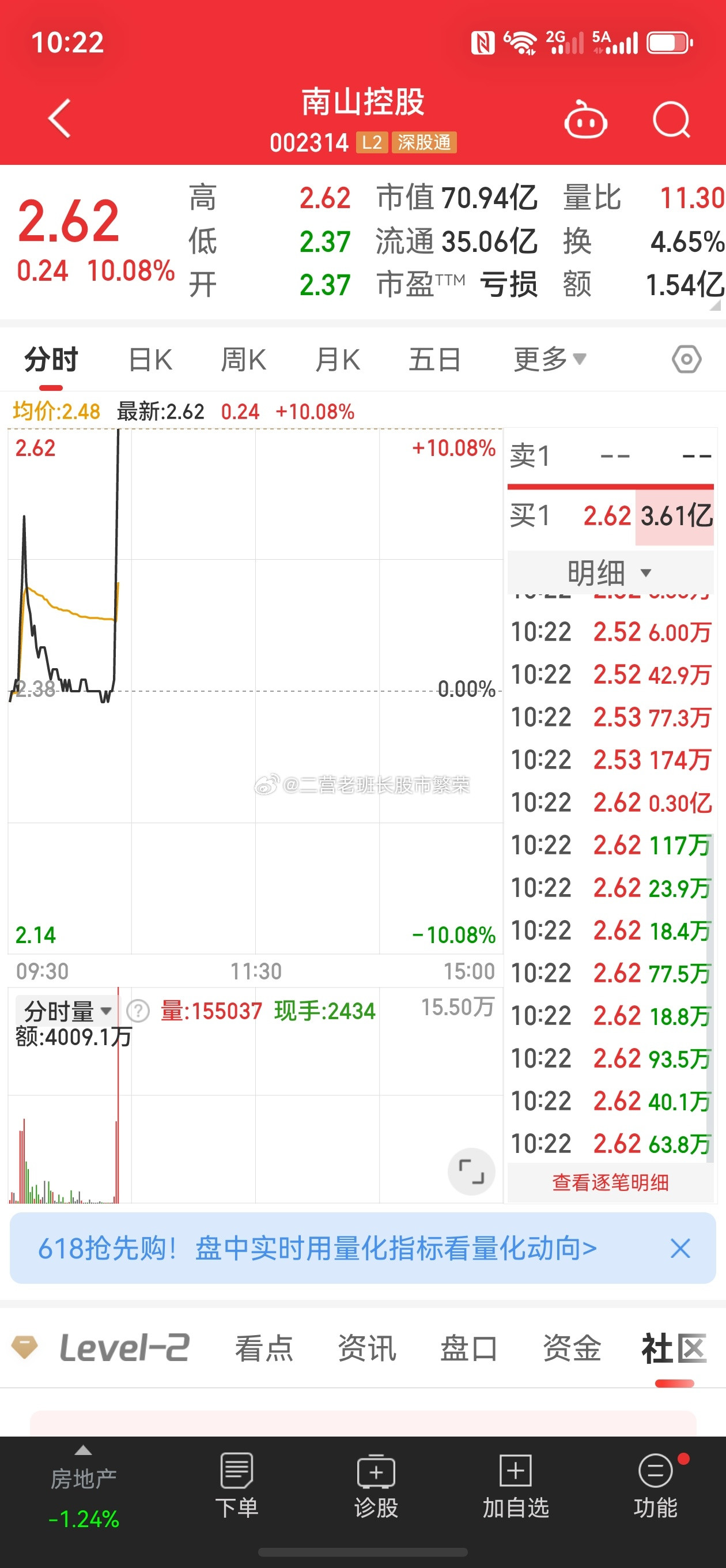 股票南山控股这真是牛逼他妈给牛逼开门，牛逼到家嘞旱地拔葱，一秒涨停，我咋碰不到