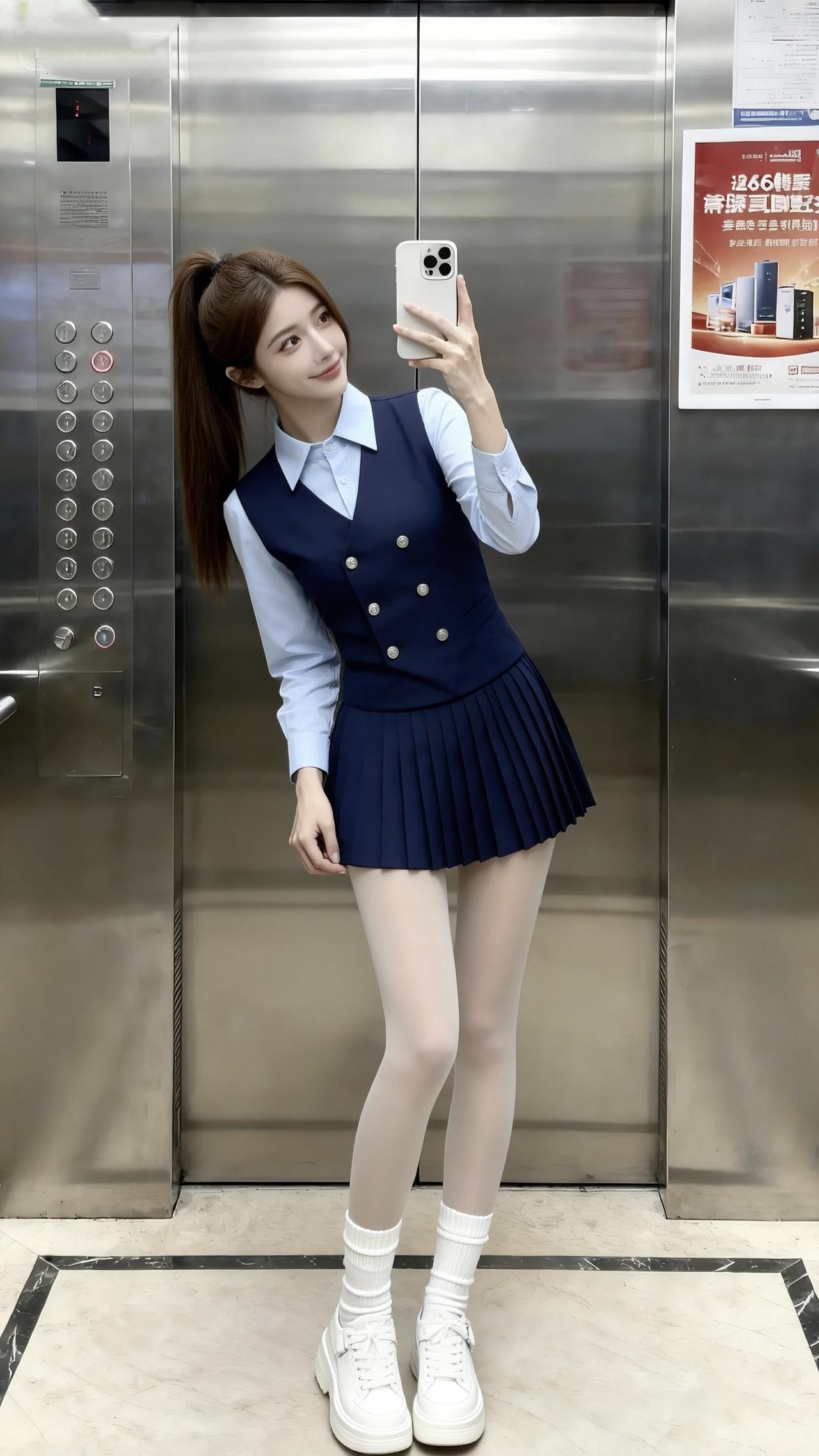 这种校园甜飒风你们爱了吗？藏青马甲裹着学院风的利落，浅蓝衬衫一露又甜得清爽，百褶