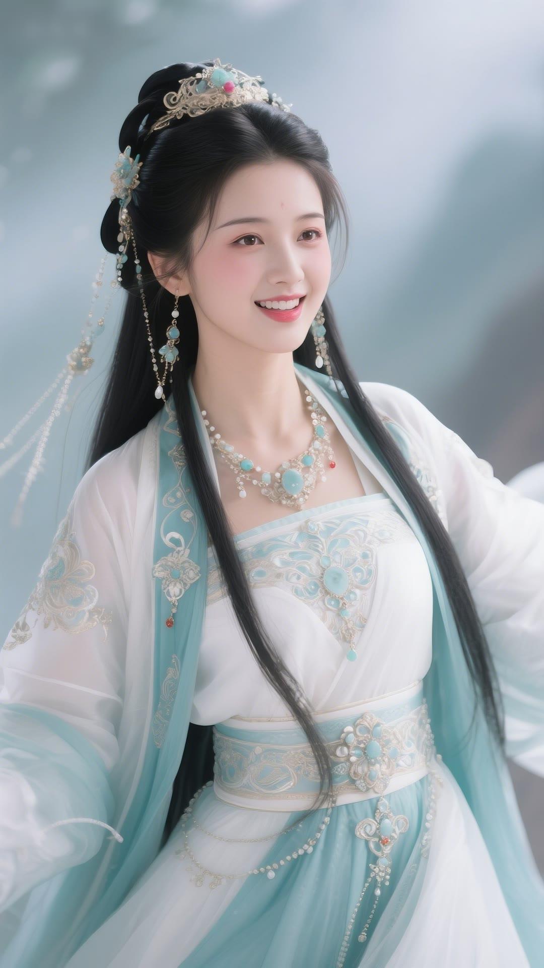 仙气飘飘的古风美人，一袭蓝白相间的华服，宛如画中走出的仙女。