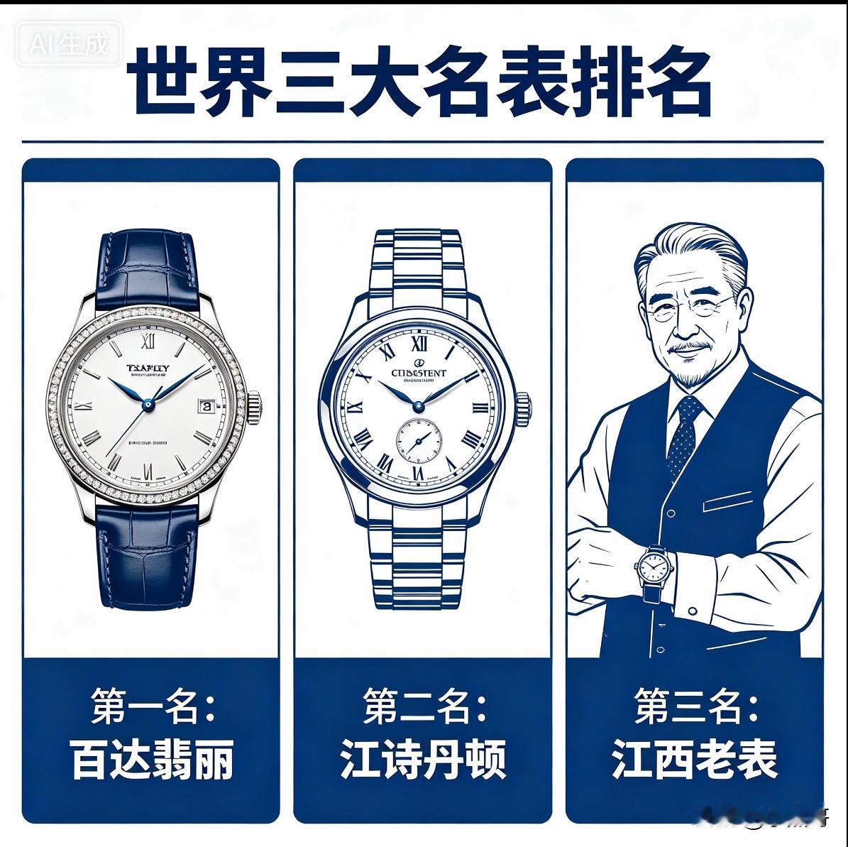 世界三大名表：①百达翡丽（PatekPhilippe）②江诗丹顿（Vac