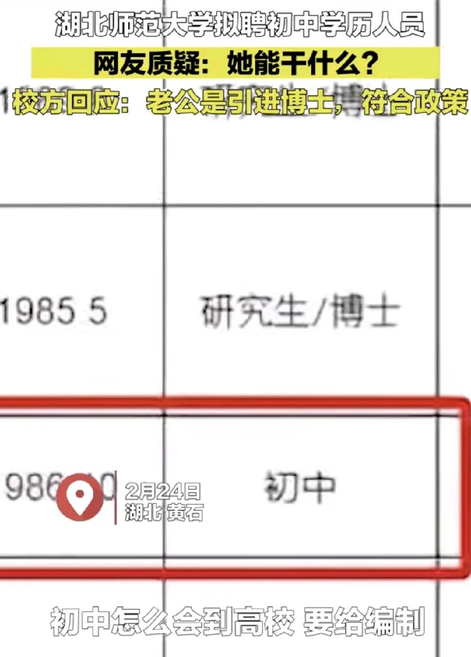 2月24日，湖北师范大学在公布拟聘的录用名单中发现了一名初中学历的教师，引起了很