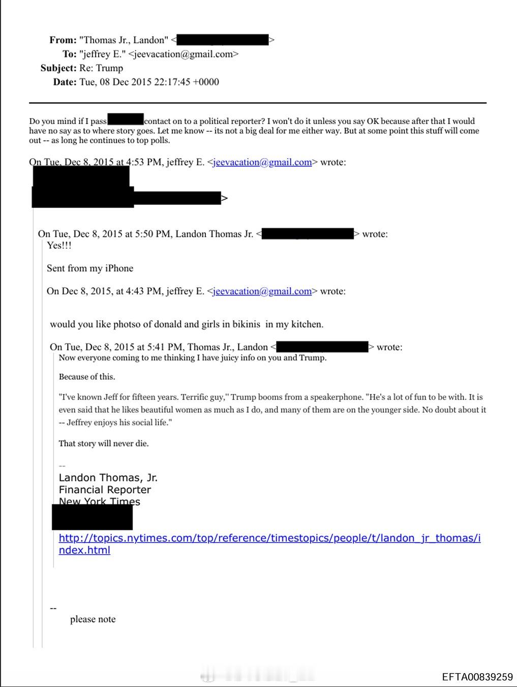 《纽约时报》的记者曾与爱泼斯坦合作以搜集特朗普的黑料。2015年12月的电子邮件