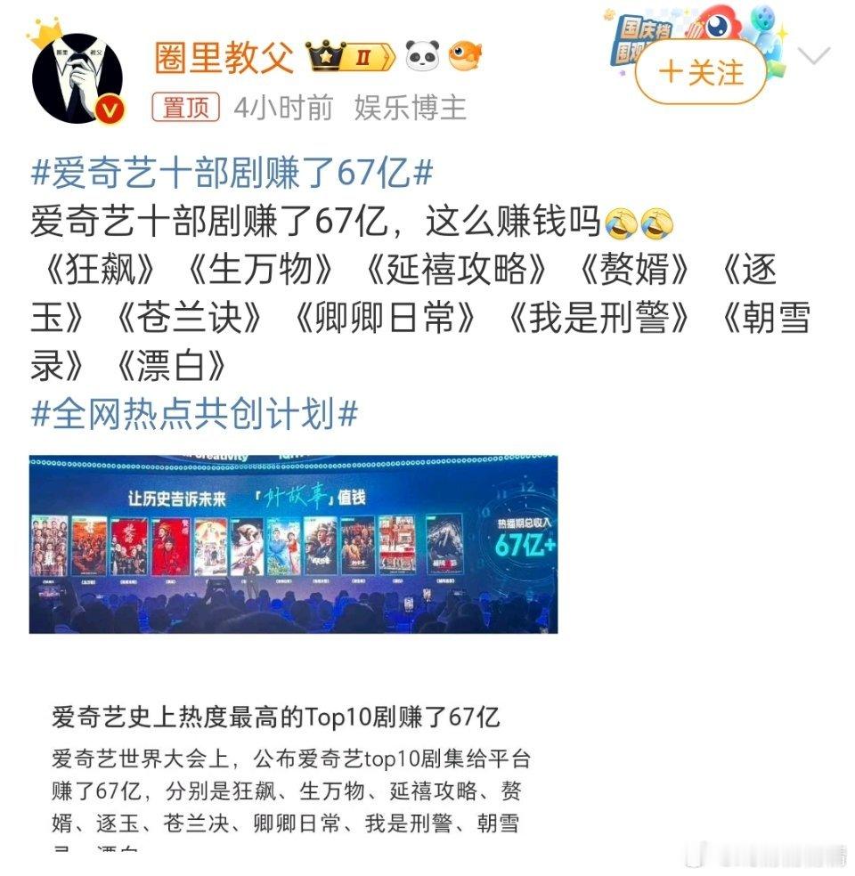 爱奇艺十部剧赚了67亿弱弱的问一句，怎么赚了67亿？太吓人了