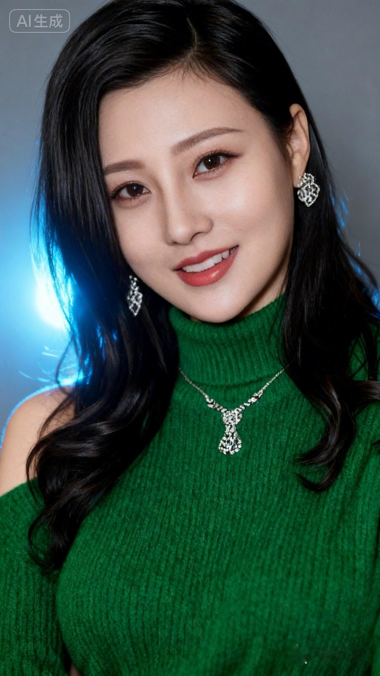 优雅绿衣少女，微笑动人，闪耀耳环，尽显魅力！