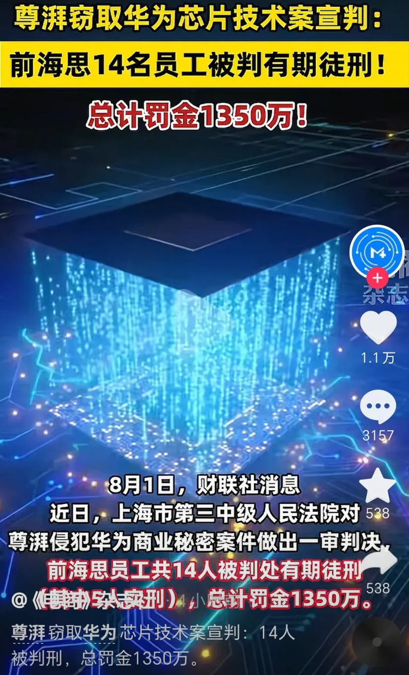 窃取华为芯片技术案判了！尊派员工都收获了不同级别的有期徒刑，大快人心，但是有一