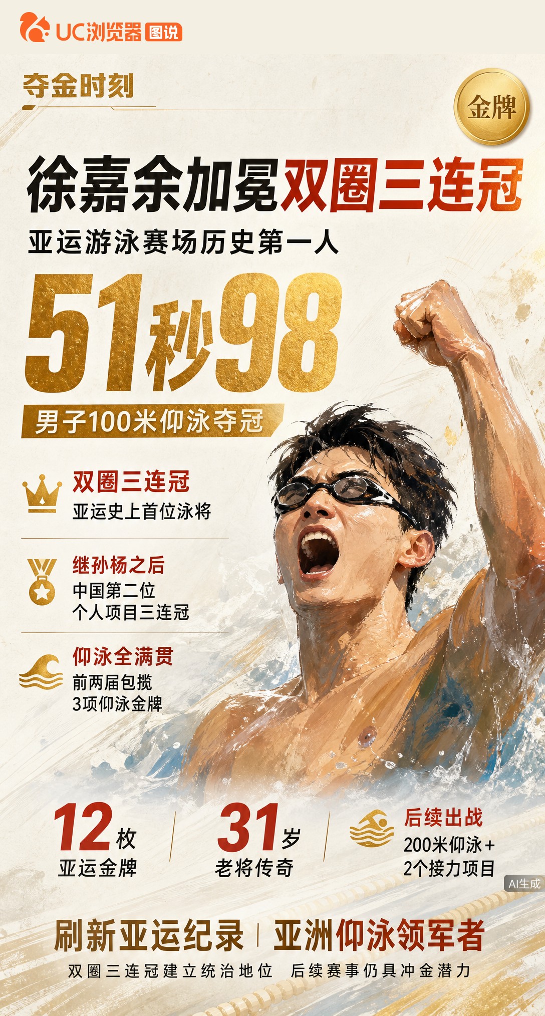 亚运游泳历史第一人！31岁徐嘉余50米仰泳夺冠，成就双圈三连冠。这是他第12枚亚运金牌，继孙杨后中国