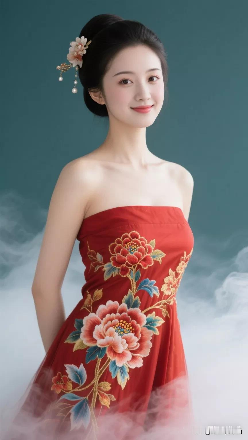 古典美人，红衣花影，温婉动人。张立启原创书画AI作品古仕女发髻集锦首发第573期