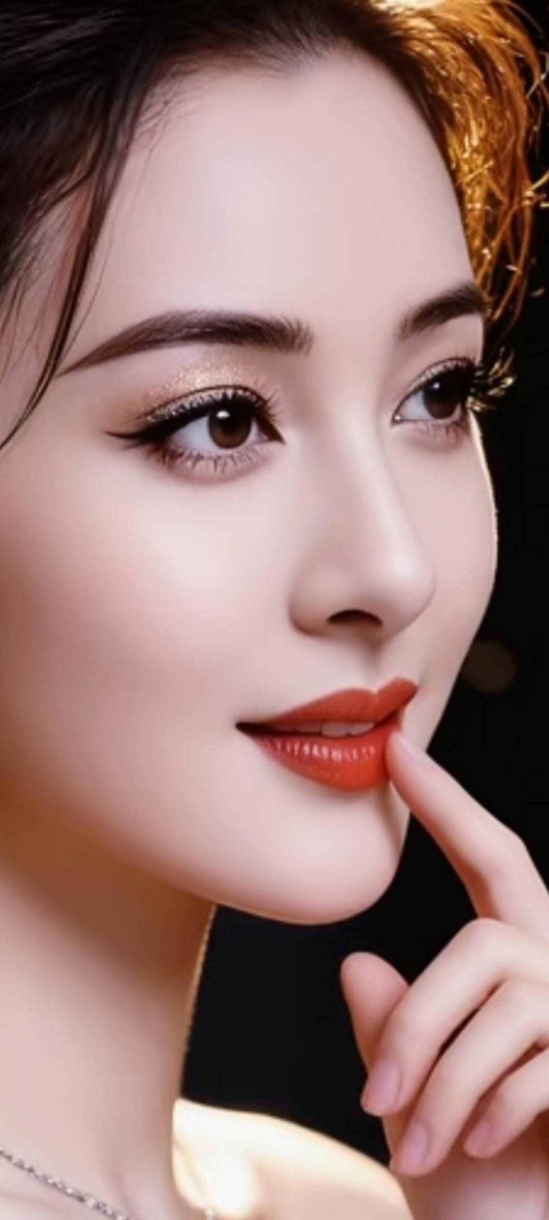 优雅妆容，红唇轻启，指尖轻触，尽显迷人魅力。