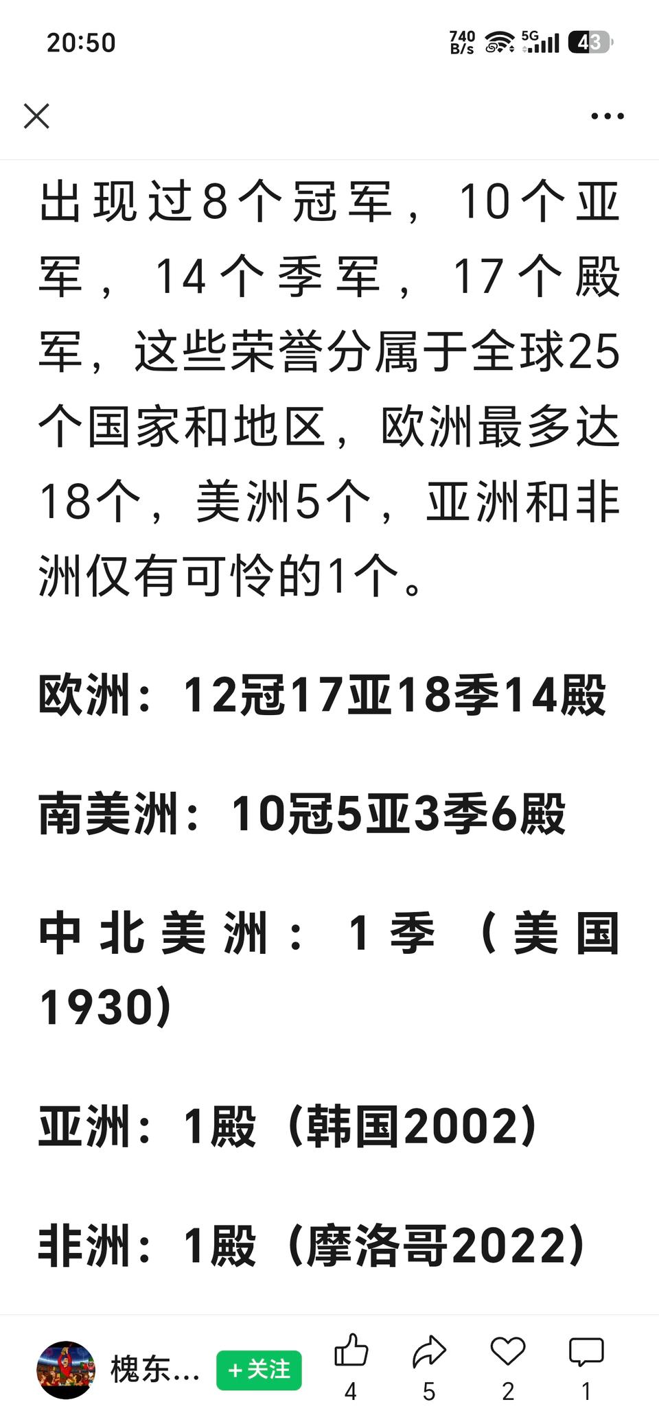 世界五大洲足球排名。第一是欧洲，12个冠军。第二是南美洲，10个冠军。
