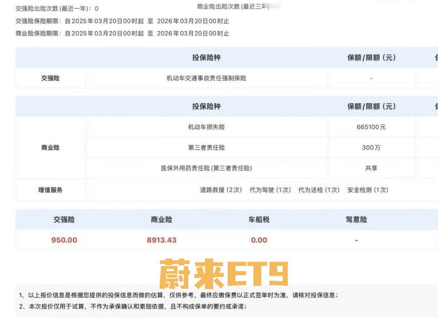 蔚来ET9保费VS蔚来萤火虫保费ET9，66万5，300万三责，保费8900