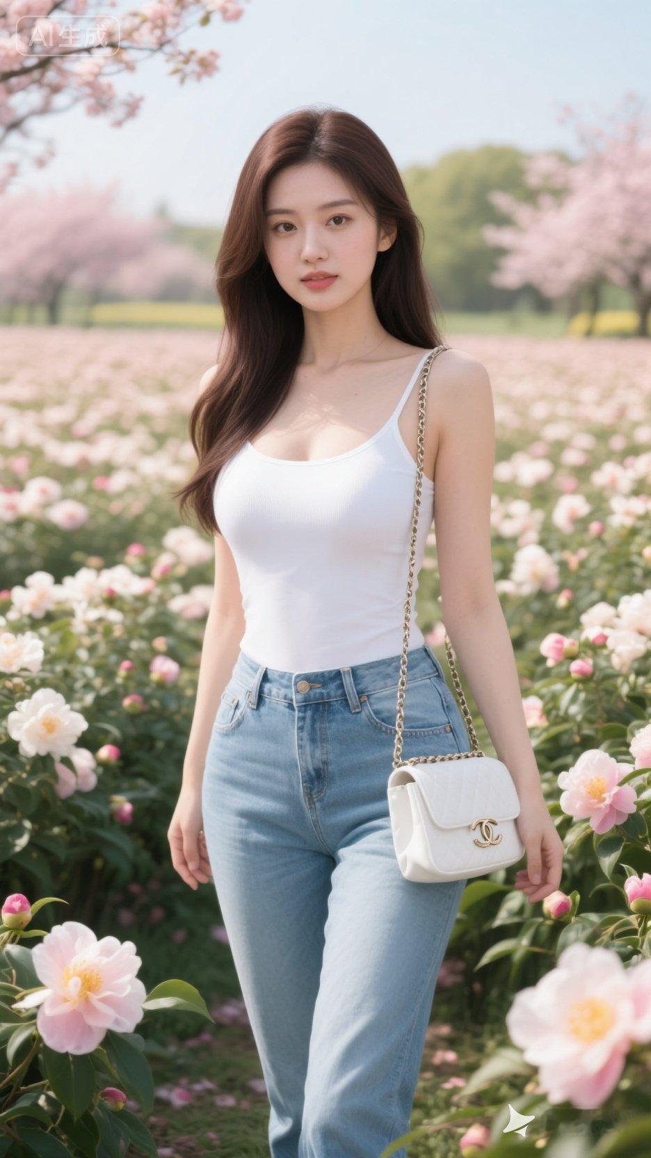 春日花海中的甜美少女，白色背心搭配牛仔裤，清新自然，少女心满满！🌸💕