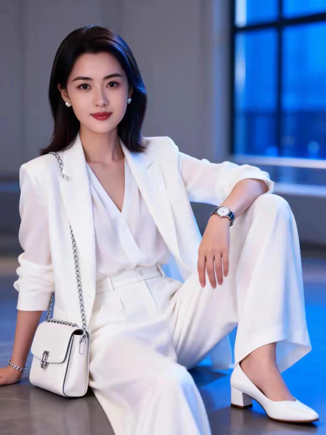 职业女装雅韵生。一袭白装显娇容。能上厅堂下厨房，精明强干女英雄。