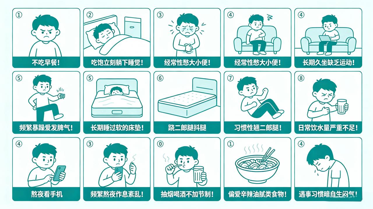 伤身体的12个行为，看看你占了几个！①不吃早餐！②吃饱立刻躺下睡觉！③经