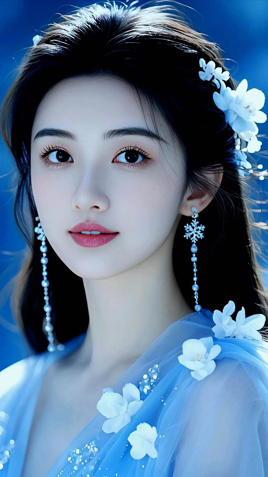 梦幻蓝衣仙女，花饰点缀，唯美动人