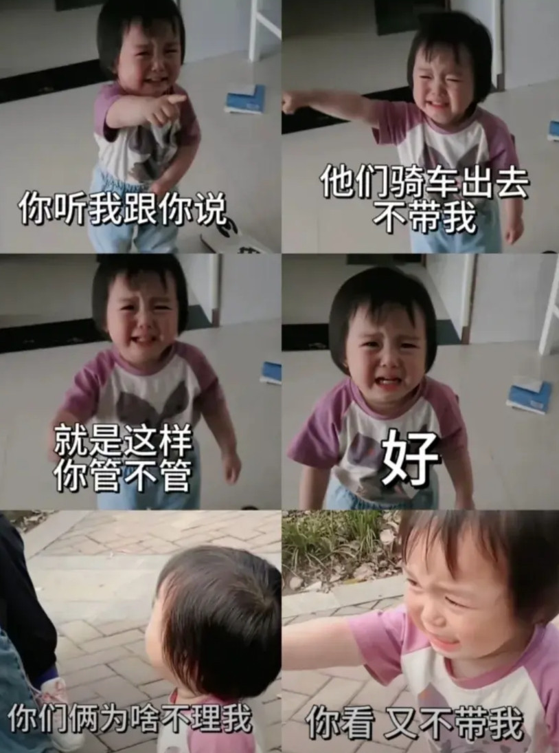 小孩一句话没有说清楚，但大家都能听懂。原来是哥哥姐姐出门玩没带她。哈哈哈，好形象