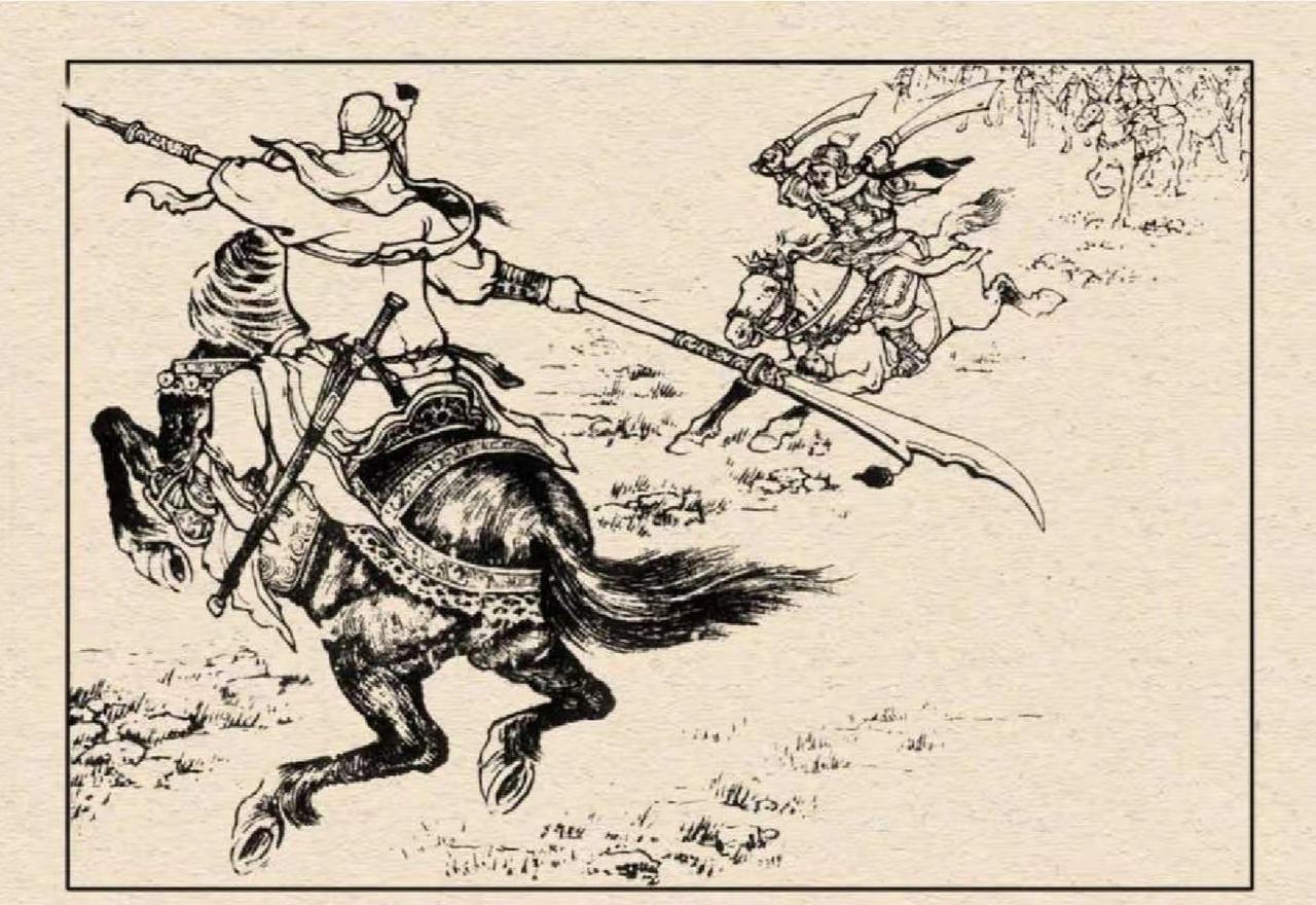 三国演义连环画：这员大将是谁？挥双刀纵骏马直扑关羽！看那关羽气势稍逊、有点措手不