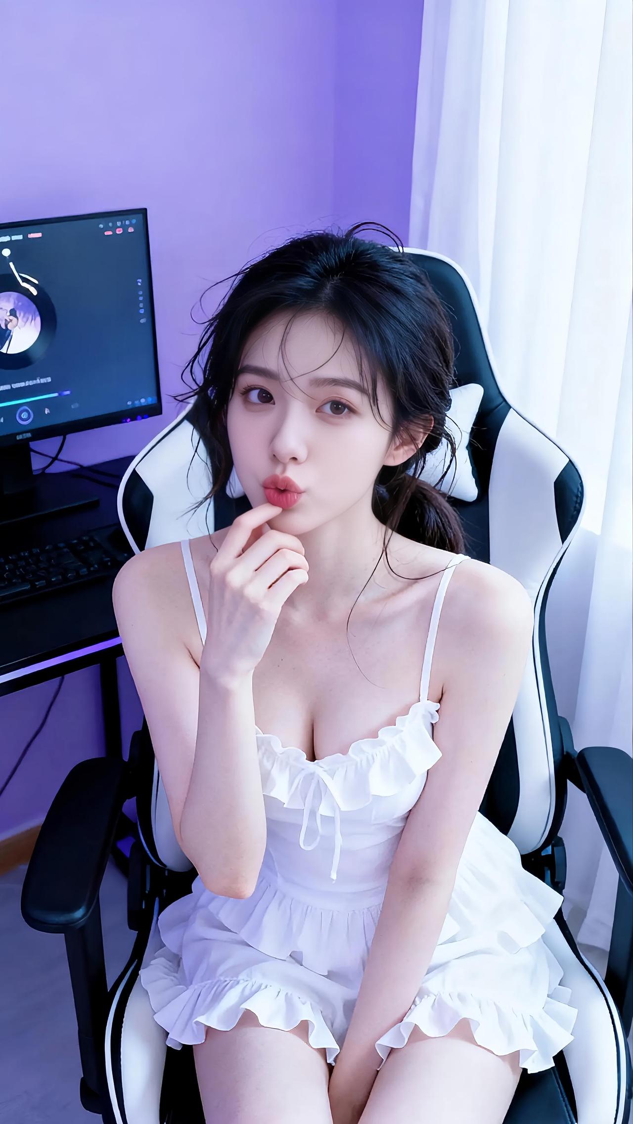 可爱的少女坐在电脑前，享受着宁静的时光。上班时的小姐姐治愈心情萌美女美少女书