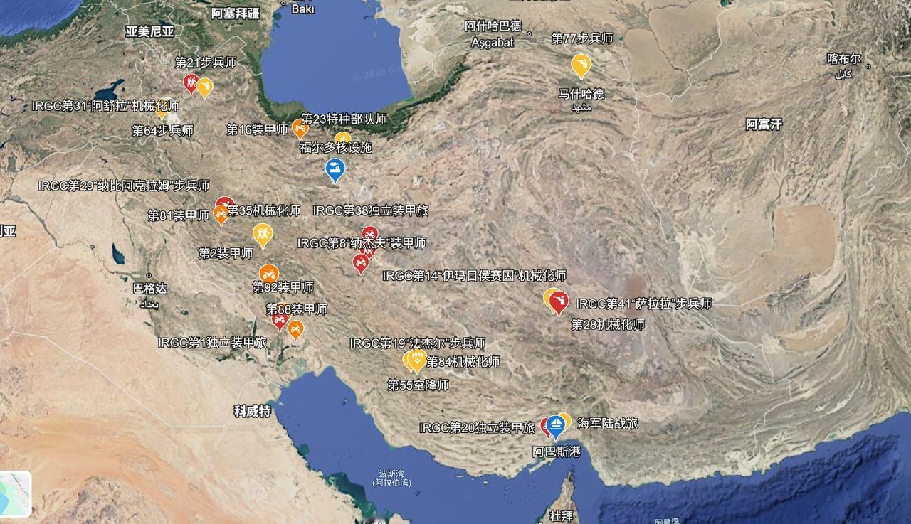 伊朗陆军和伊斯兰革命卫队陆军的目前部署情况从图中我们可以看到，伊朗地面作战力量