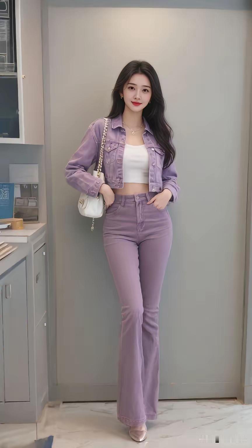 紫色牛仔套装穿搭，时尚又舒适！💜👗👖👠